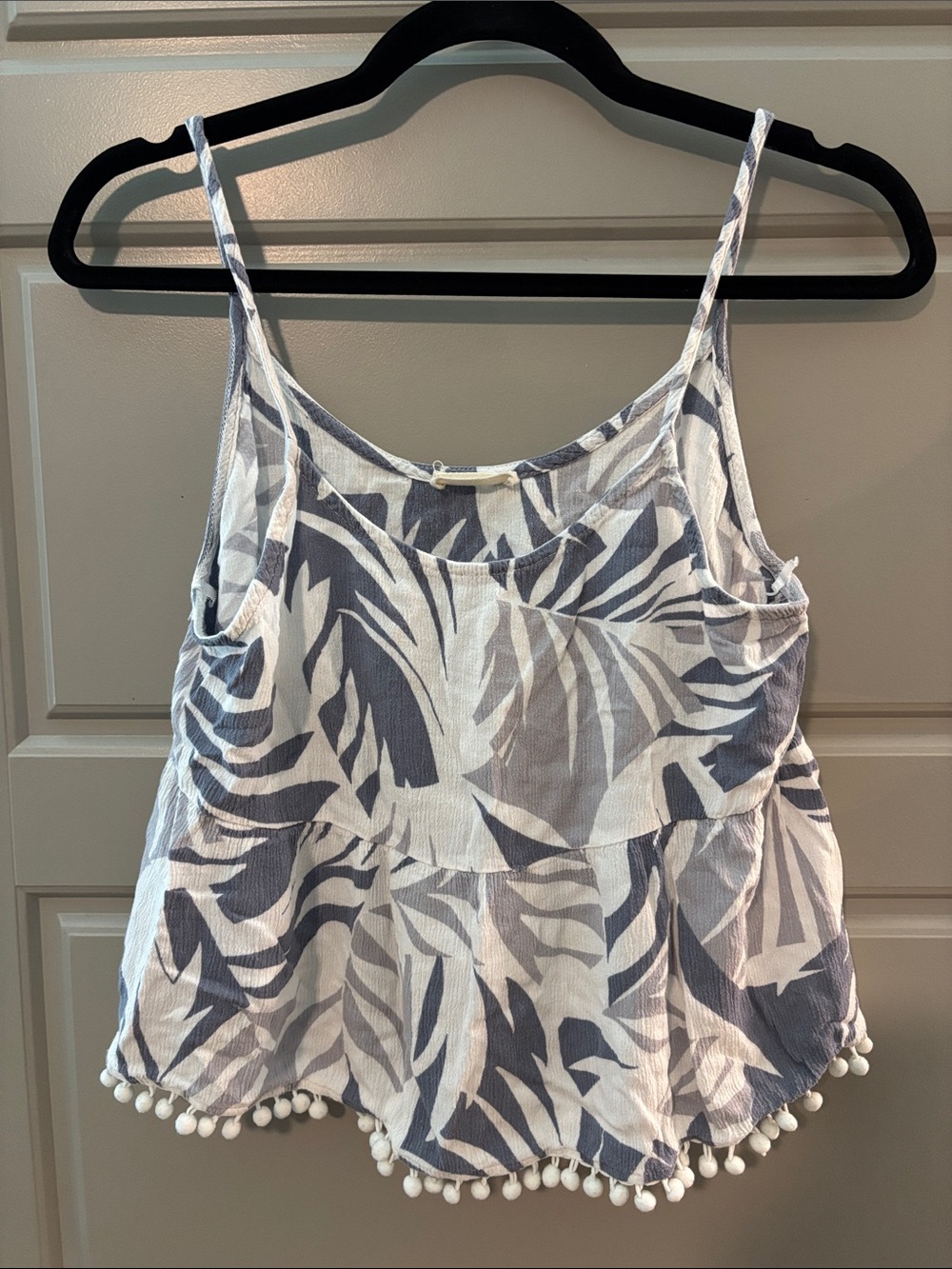 Crescent Blue and White Leaf Print Pom-Pom Cami Tank Top